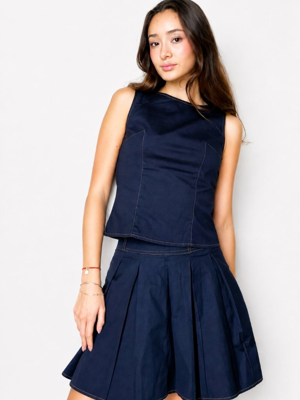 Women’s 2-Piece Denim-Look Set, Fitted Sleeveless Top & Pleated Mini Skirt